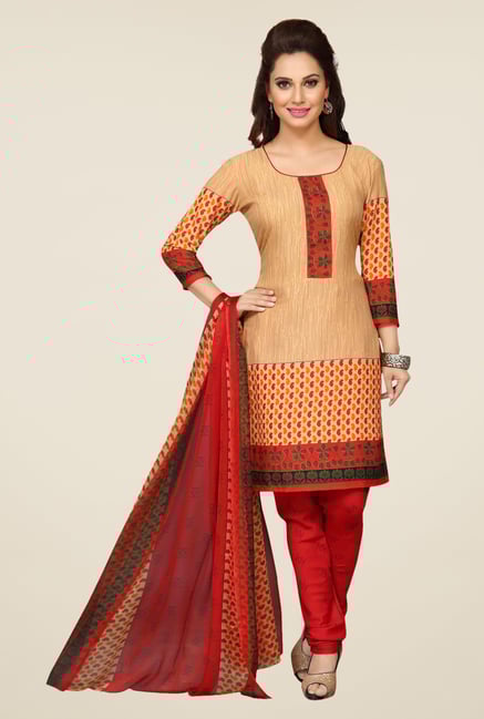 Ishin Beige & Red Printed Unstitched Dress Material Ishin Beige & Red Printed Unstitched Dress Material