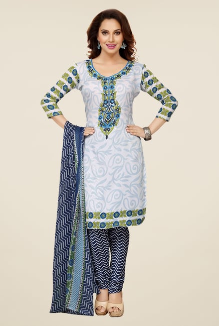 Ishin Off White & Navy Printed Unstitched Dress Material Ishin Off White & Navy Printed Unstitched Dress Material