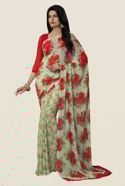 Ishin Beige Faux Georgette Floral Print Saree Ishin Beige Faux Georgette Floral Print Saree