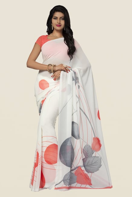 Ishin Off White Faux Georgette Printed Saree Ishin Off White Faux Georgette Printed Saree