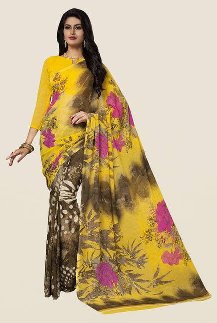 Ishin Brown & Yellow Faux Georgette Floral Print Saree Ishin Brown & Yellow Faux Georgette Floral Print Saree