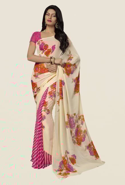 Ishin Pink & Beige Faux Georgette Floral Print Saree Ishin Pink & Beige Faux Georgette Floral Print Saree
