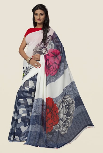 Ishin Blue & White Faux Georgette Floral Print Saree Ishin Blue & White Faux Georgette Floral Print Saree