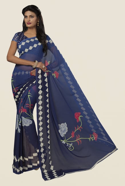 Ishin Navy Faux Georgette Floral Print Saree Ishin Navy Faux Georgette Floral Print Saree