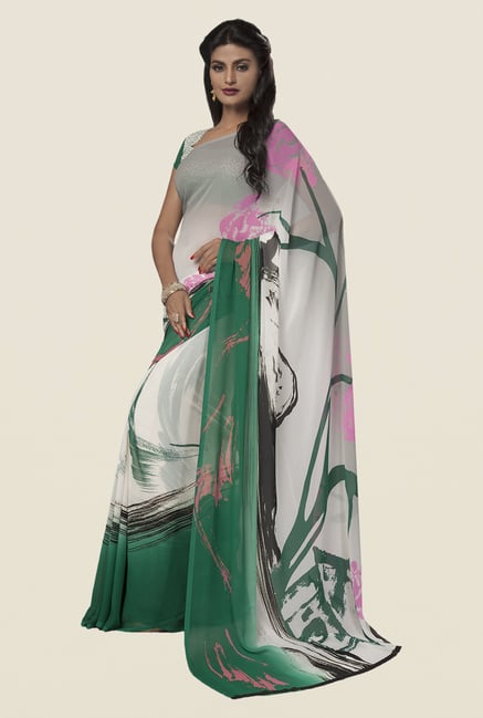 Ishin Off White & Green Faux Georgette Printed Saree Ishin Off White & Green Faux Georgette Printed Saree