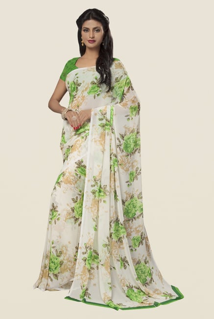 Ishin Off White Faux Georgette Floral Print Saree Ishin Off White Faux Georgette Floral Print Saree