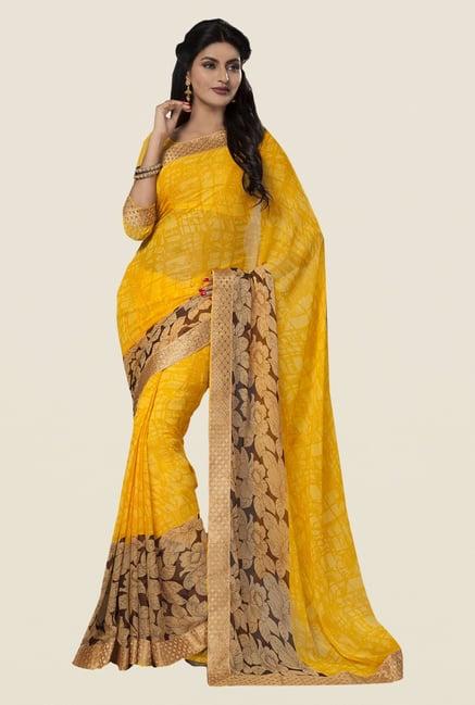Ishin Yellow Faux Georgette Floral Print Saree Ishin Yellow Faux Georgette Floral Print Saree