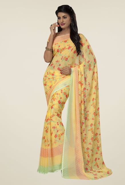 Ishin Yellow Faux Georgette Floral Print Saree Ishin Yellow Faux Georgette Floral Print Saree