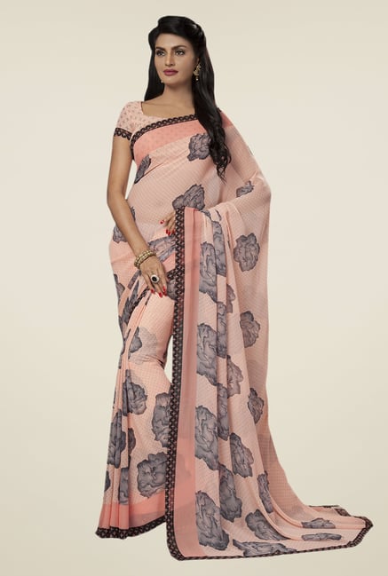 Ishin Peach Faux Georgette Floral Print Saree Ishin Peach Faux Georgette Floral Print Saree