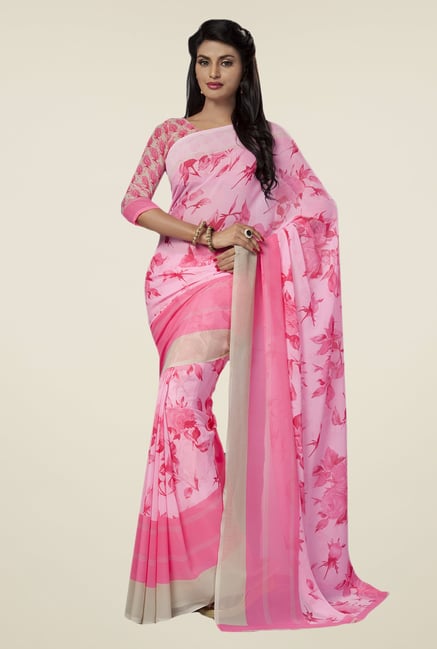 Ishin Pink Faux Georgette Floral Print Saree Ishin Pink Faux Georgette Floral Print Saree