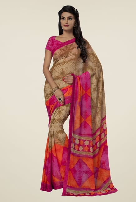 Ishin Beige & Pink Faux Georgette Printed Saree Ishin Beige & Pink Faux Georgette Printed Saree