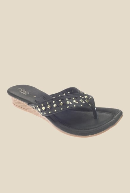 Khadim's Cleo Black Wedge Heeled Thong Sandals Khadim's Cleo Black Wedge Heeled Thong Sandals