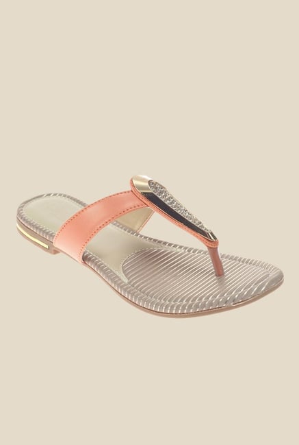 Khadim's Cleo Orange & Golden T-Strap Sandals Khadim's Cleo Orange & Golden T-Strap Sandals