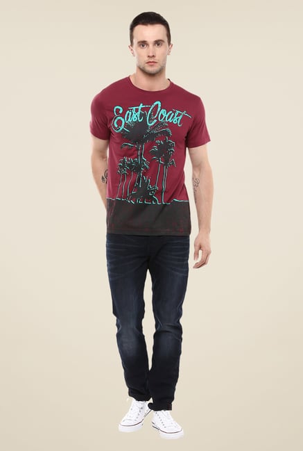 Yepme Maroon East Coast Printed T Shirt Yepme Maroon East Coast Printed T Shirt