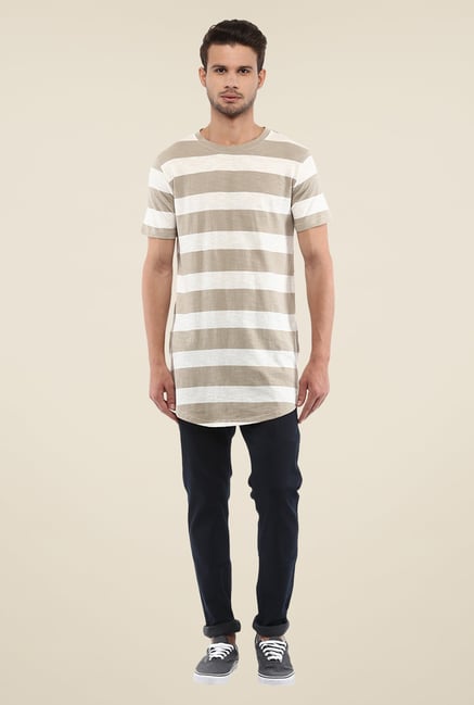 Yepme Beige & White Nick Longline Striped T Shirt Yepme Beige & White Nick Longline Striped T Shirt