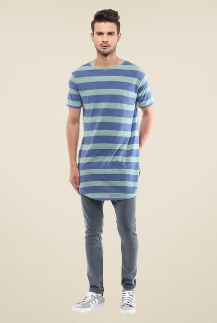 Yepme Blue & Grey Nick Longline Striped T Shirt Yepme Blue & Grey Nick Longline Striped T Shirt