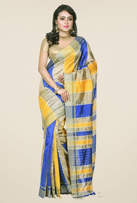 Bengal Handloom Blue & Yellow Cotton Silk Saree Bengal Handloom Blue & Yellow Cotton Silk Saree