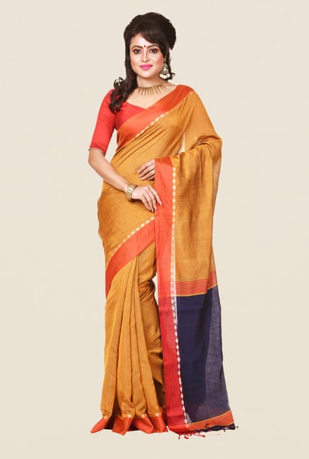 Bengal Handloom Mustard & Navy Cotton Silk Saree Bengal Handloom Mustard & Navy Cotton Silk Saree