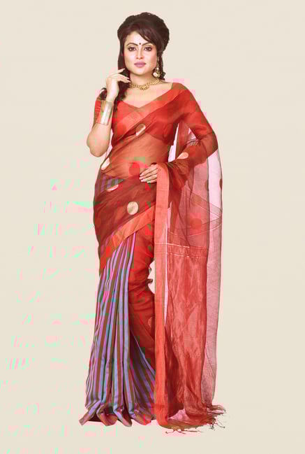 Bengal Handloom Maroon & Blue Resham Silk Saree Bengal Handloom Maroon & Blue Resham Silk Saree