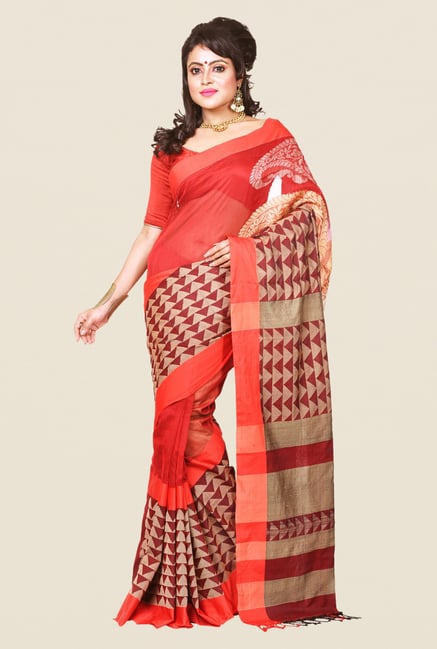 Bengal Handloom Red & Beige Silk Saree Bengal Handloom Red & Beige Silk Saree