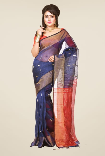 Bengal Handloom Navy & Red Resham Silk Saree Bengal Handloom Navy & Red Resham Silk Saree
