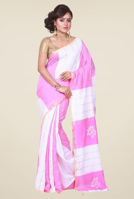 Bengal Handloom White & Pink Silk Saree Bengal Handloom White & Pink Silk Saree