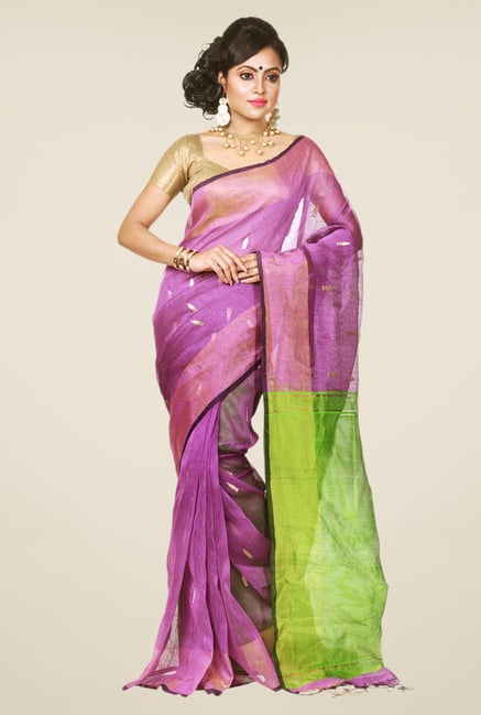 Bengal Handloom Purple & Green Resham Silk & Linen Saree Bengal Handloom Purple & Green Resham Silk & Linen Saree