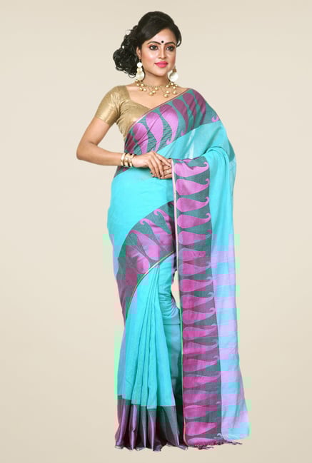 Bengal Handloom Turquoise Linen & Resham Silk Saree Bengal Handloom Turquoise Linen & Resham Silk Saree
