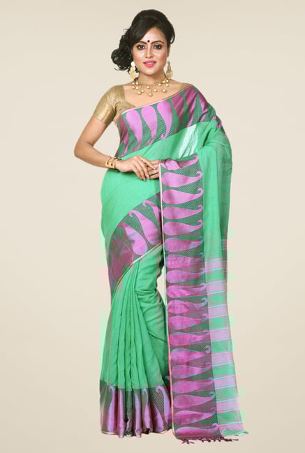 Bengal Handloom Green Linen & Resham Silk Saree Bengal Handloom Green Linen & Resham Silk Saree