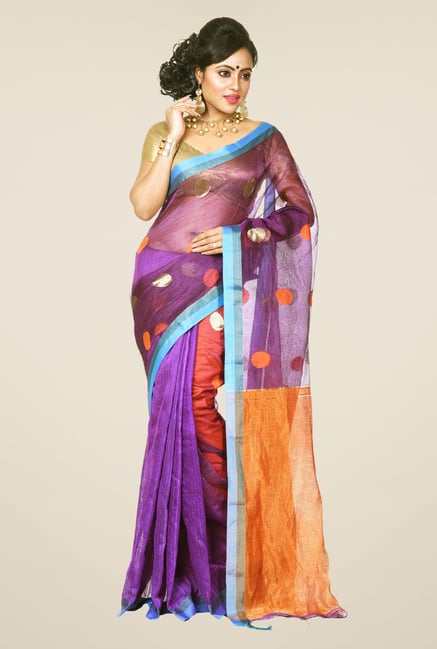 Bengal Handloom Purple & Orange Resham Silk Saree Bengal Handloom Purple & Orange Resham Silk Saree