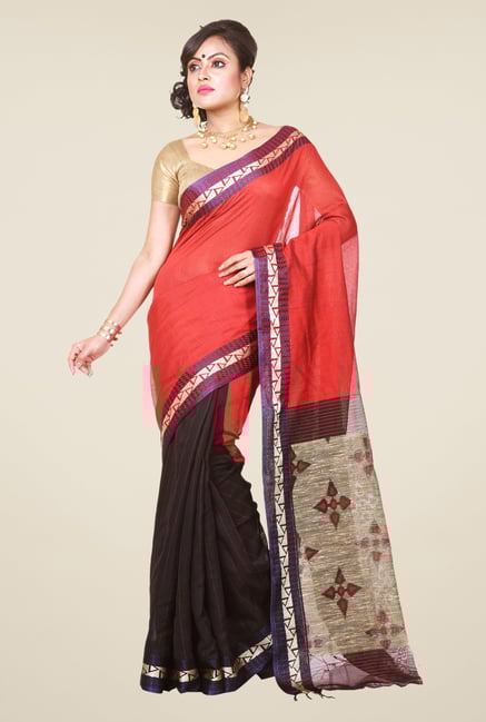 Bengal Handloom Red & Black Cotton Silk Saree Bengal Handloom Red & Black Cotton Silk Saree
