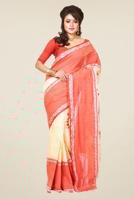Bengal Handloom Beige & Red Cotton Saree Bengal Handloom Beige & Red Cotton Saree