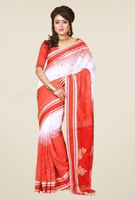 Bengal Handloom Red & White Cotton Silk Saree Bengal Handloom Red & White Cotton Silk Saree