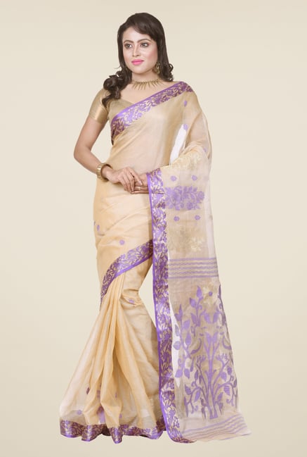 Bengal Handloom Beige & Purple Tussar Silk Saree Bengal Handloom Beige & Purple Tussar Silk Saree