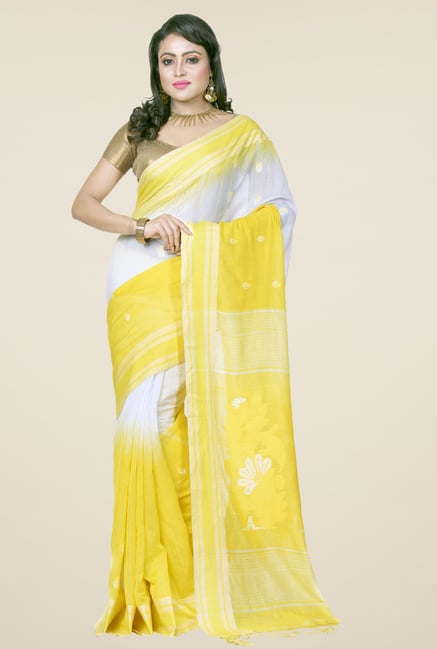 Bengal Handloom Yellow & White Cotton Silk Saree Bengal Handloom Yellow & White Cotton Silk Saree