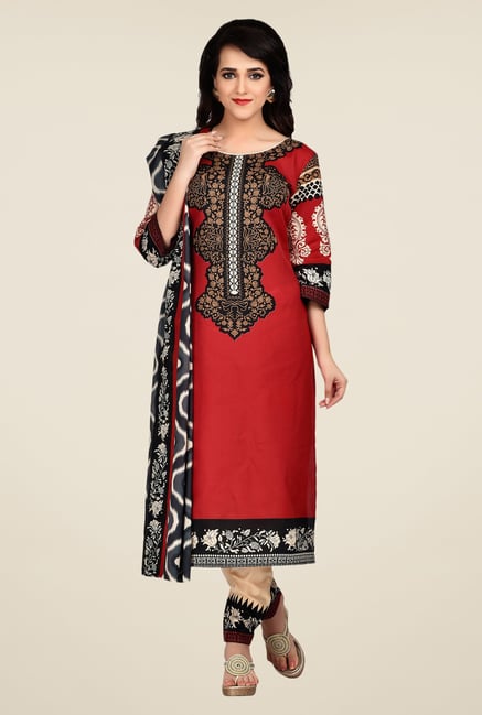 Shonaya Red & Beige Printed Dress Material Shonaya Red & Beige Printed Dress Material
