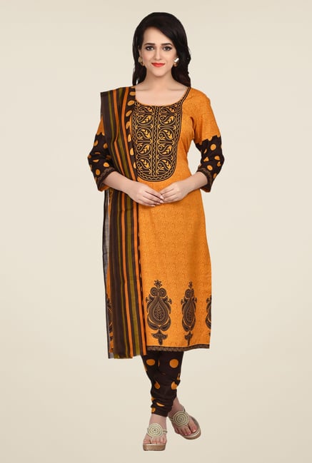 Shonaya Mustard & Brown Printed Dress Material Shonaya Mustard & Brown Printed Dress Material