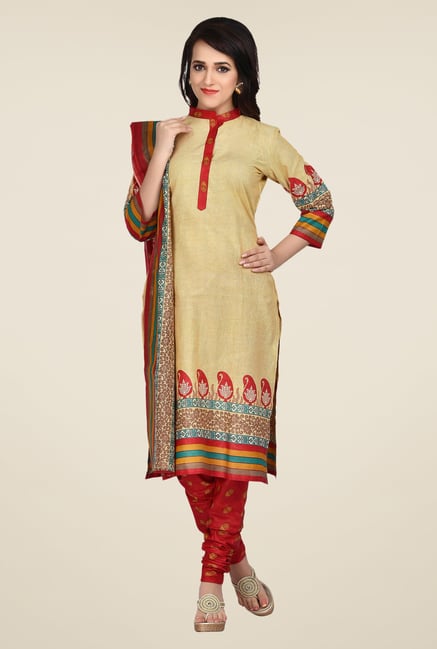 Shonaya Beige & Red Printed Dress Material Shonaya Beige & Red Printed Dress Material