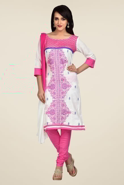 Shonaya White & Pink Embroidered Dress Material Shonaya White & Pink Embroidered Dress Material