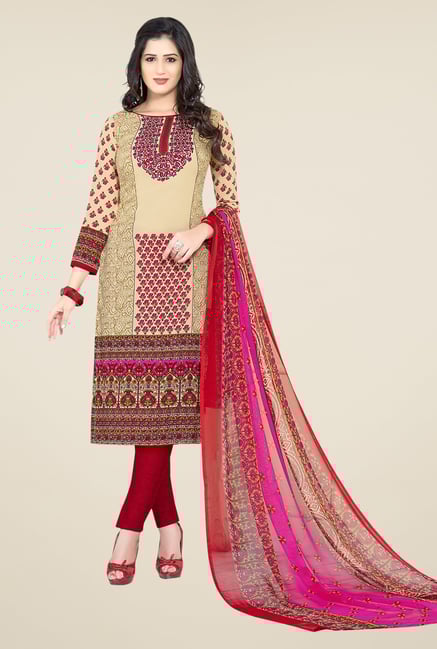 Ishin Beige & Red Printed Unstitched Dress Material Ishin Beige & Red Printed Unstitched Dress Material