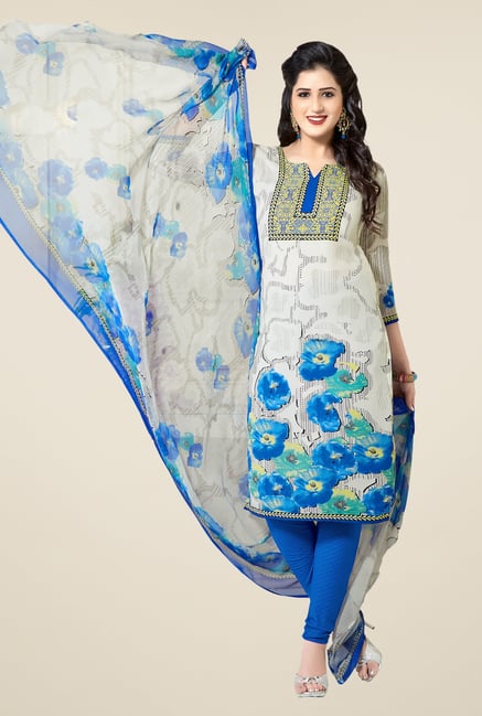 Ishin White & Blue Printed Unstitched Dress Material Ishin White & Blue Printed Unstitched Dress Material
