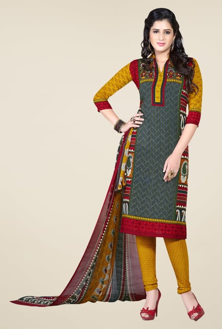Ishin Dark Green & Yellow Printed Unstitched Dress Material Ishin Dark Green & Yellow Printed Unstitched Dress Material