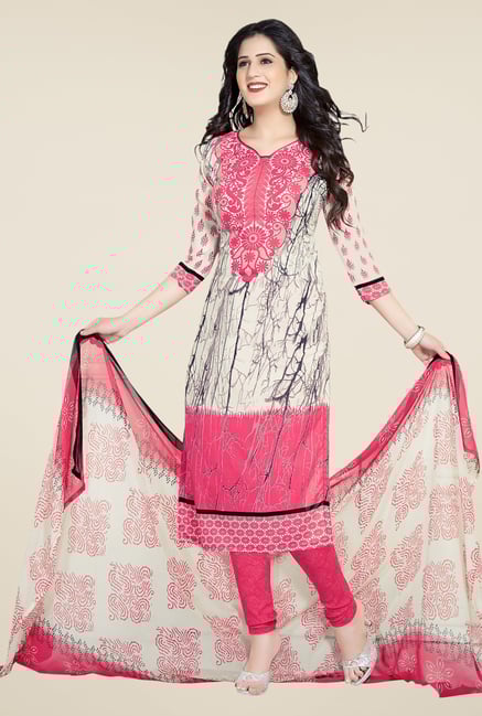 Ishin White & Pink Printed Unstitched Dress Material Ishin White & Pink Printed Unstitched Dress Material