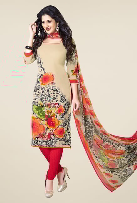 Ishin Beige & Red Printed Unstitched Dress Material Ishin Beige & Red Printed Unstitched Dress Material