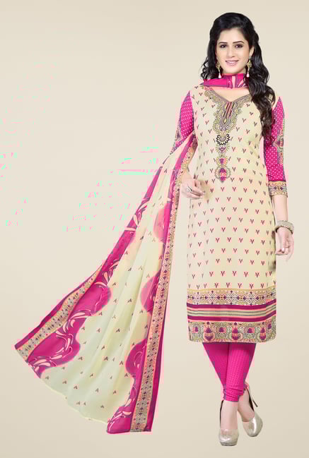 Ishin White & Pink Printed Unstitched Dress Material Ishin White & Pink Printed Unstitched Dress Material