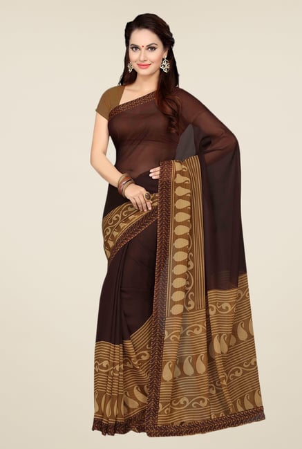 Ishin Brown Faux Georgette Paisley Print Saree Ishin Brown Faux Georgette Paisley Print Saree