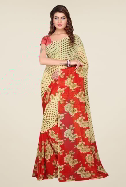 Ishin Beige & Red Faux Georgette Floral Print Saree Ishin Beige & Red Faux Georgette Floral Print Saree