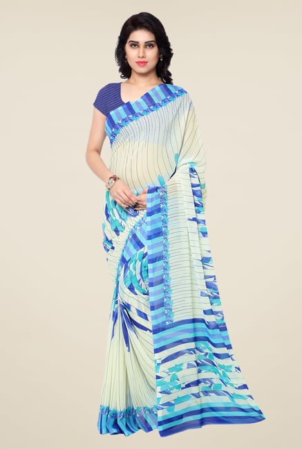 Shonaya Cream & Blue Printed Georgette Saree Shonaya Cream & Blue Printed Georgette Saree