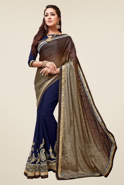 Shonaya Navy & Brown Embroidered Georgette Saree Shonaya Navy & Brown Embroidered Georgette Saree