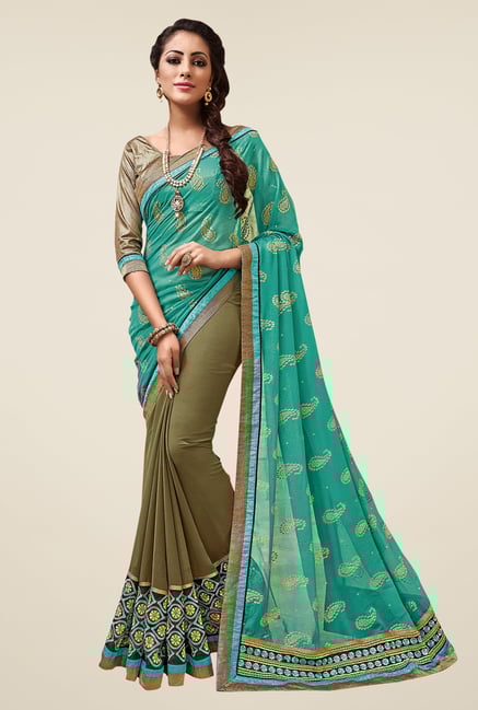 Shonaya Olive & Turquoise Embroidered Georgette Saree Shonaya Olive & Turquoise Embroidered Georgette Saree